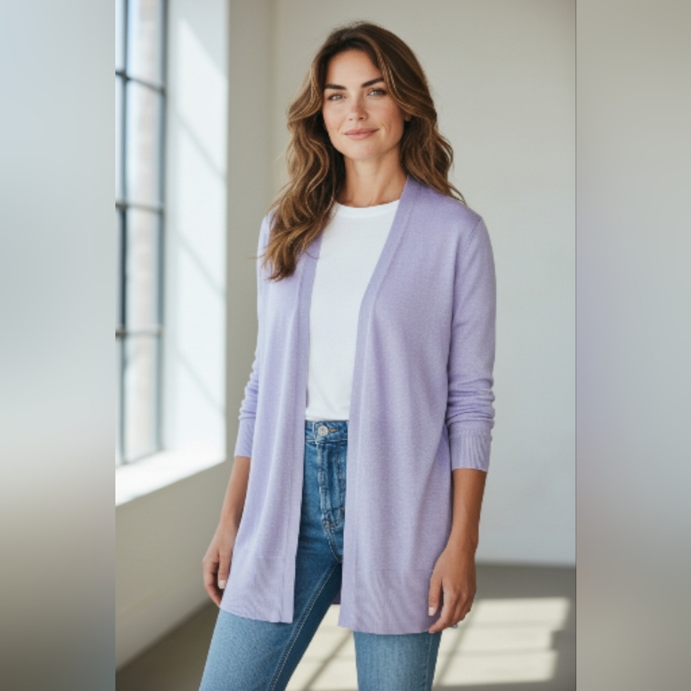 Ann Taylor Lavender Open-Front Cardigan Sweater Purple Linen Sz Medium